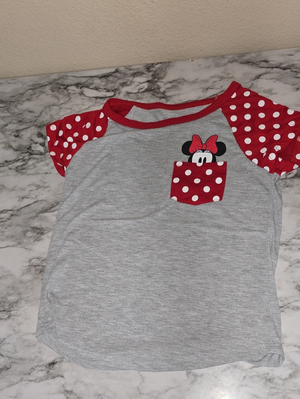 Disney Gray Tee with Red Polka-Dot Sleeves & Minnie Pocket